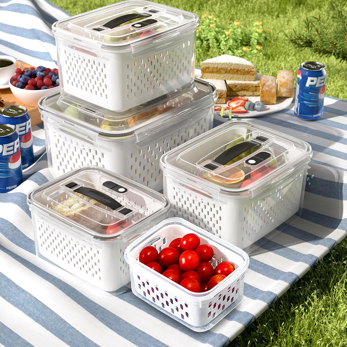 Large Fridge Food Storage Container Set with Lids with Strainer, Fruit Vegetable Storage Containers Keep Fruits, Vegetables, Berry, Meat Fresh longer, BPA-Free Plastic Produce Keepers