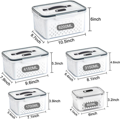 Large Fridge Food Storage Container Set with Lids with Strainer, Fruit Vegetable Storage Containers Keep Fruits, Vegetables, Berry, Meat Fresh longer, BPA-Free Plastic Produce Keepers