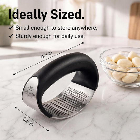 Stainless Steel Garlic Press Rocker Set - Premium Garlic Mincer Garlic Crusher - New Innovative Garlic Crusher with Peeler and Scraper - Comfortable Grip (Black)