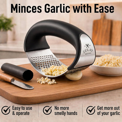 Stainless Steel Garlic Press Rocker Set - Premium Garlic Mincer Garlic Crusher - New Innovative Garlic Crusher with Peeler and Scraper - Comfortable Grip (Black)