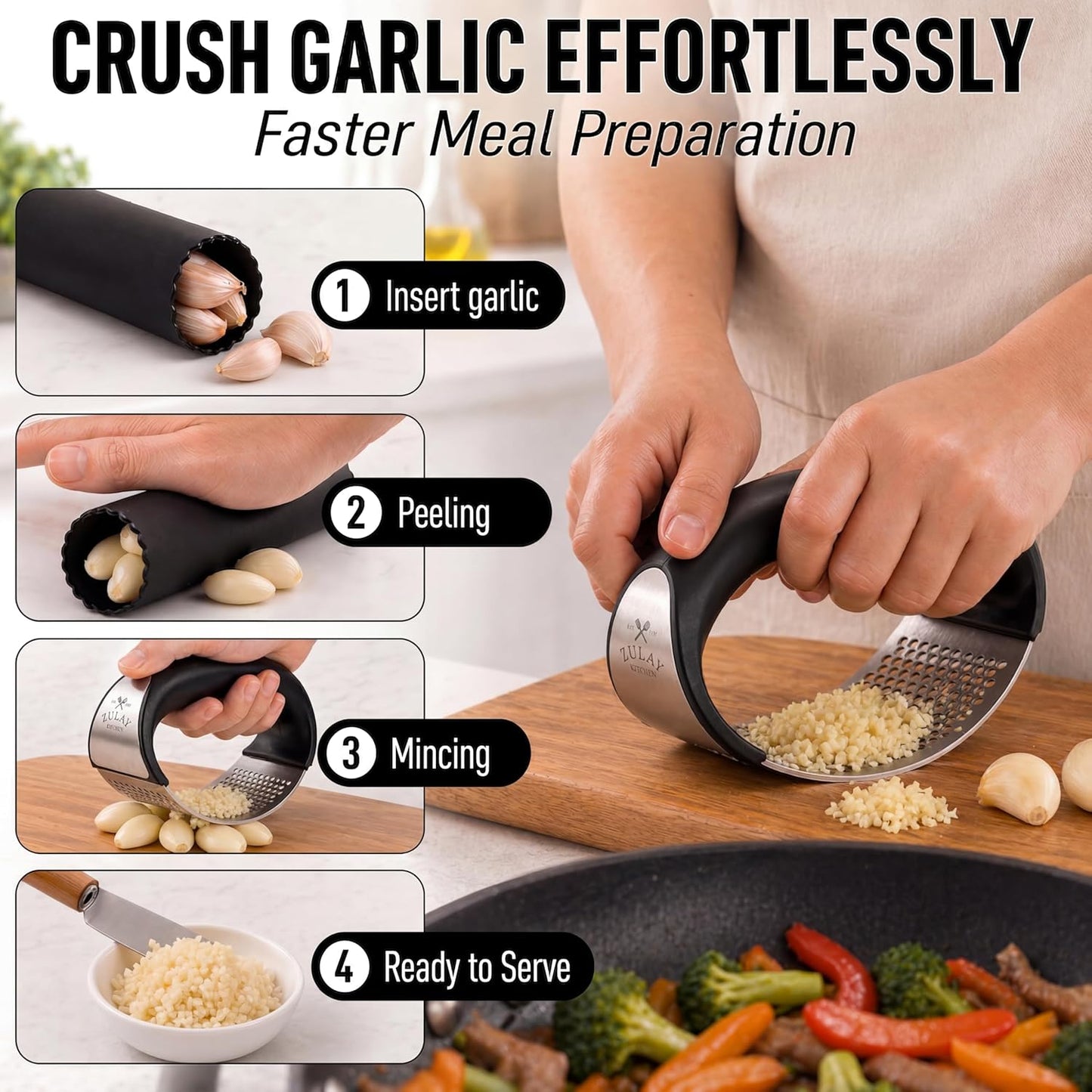 Stainless Steel Garlic Press Rocker Set - Premium Garlic Mincer Garlic Crusher - New Innovative Garlic Crusher with Peeler and Scraper - Comfortable Grip (Black)