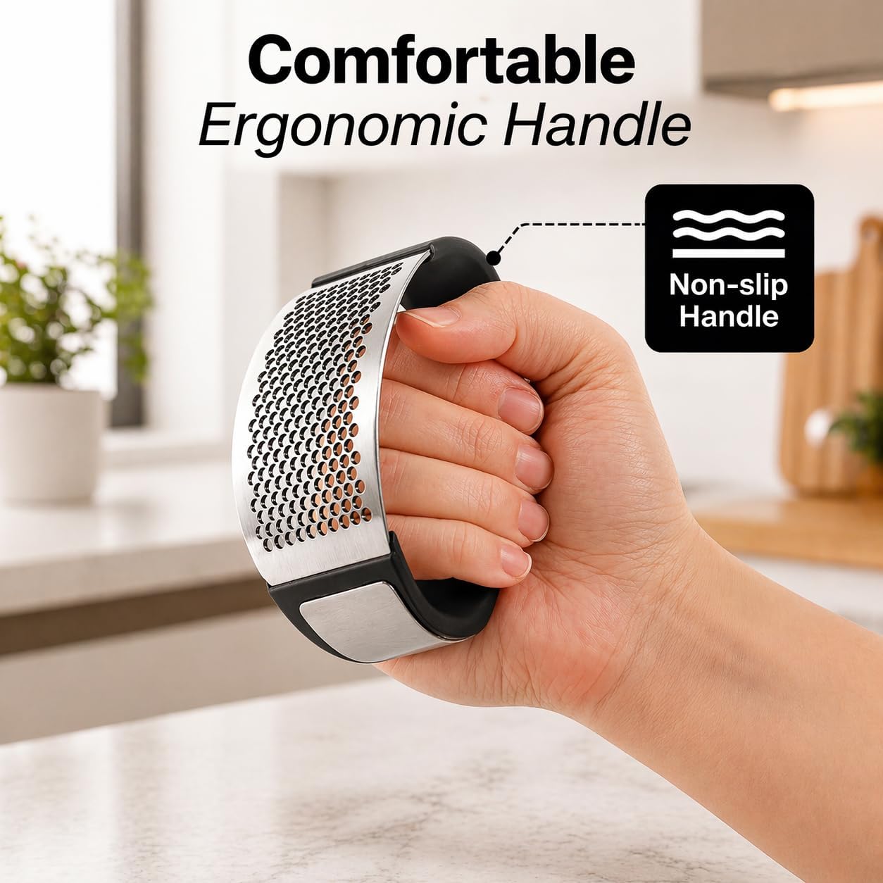 Stainless Steel Garlic Press Rocker Set - Premium Garlic Mincer Garlic Crusher - New Innovative Garlic Crusher with Peeler and Scraper - Comfortable Grip (Black)