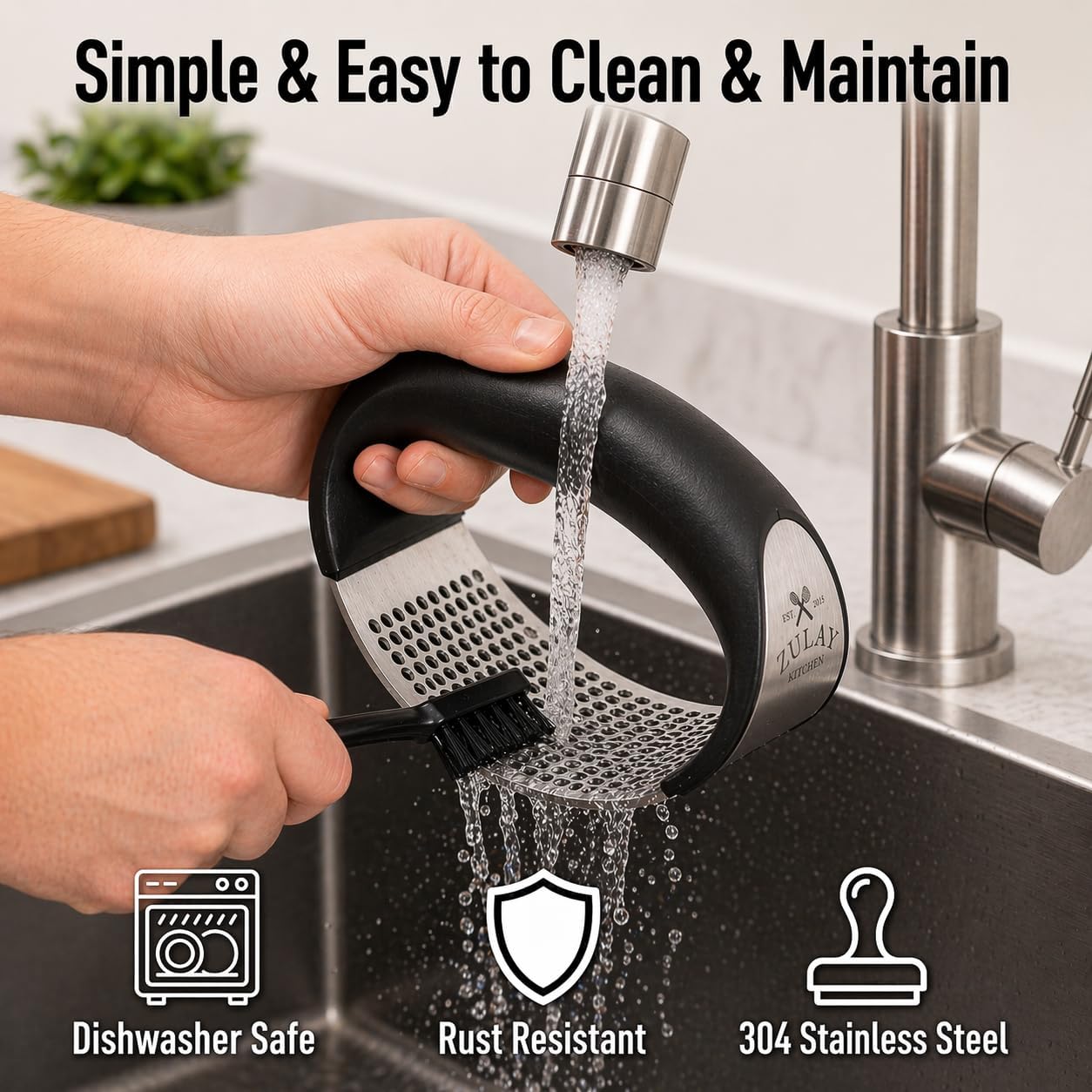 Stainless Steel Garlic Press Rocker Set - Premium Garlic Mincer Garlic Crusher - New Innovative Garlic Crusher with Peeler and Scraper - Comfortable Grip (Black)