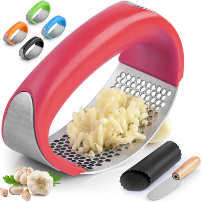 Stainless Steel Garlic Press Rocker Set - Premium Garlic Mincer Garlic Crusher - New Innovative Garlic Crusher with Peeler and Scraper - Comfortable Grip (Black)