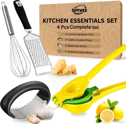 4PCs Kitchen Essentials Set – Premium Quality Lemon Squeezer, Garlic Press, Stainless Steel Whisk, Multi-Use Grater, Cheese Grater – Durable, Easy to Clean Cooking Tools Set for Everyday Meal Prep