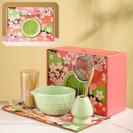 8-Piece Matcha Ceremony Set - Tea Kit with Cherry Blossom Bowl, Bamboo Whisk, Wood Scoops, Tea Cloth & Floral Display - Gift-Ready Pink Cherry color box (green)