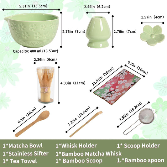 8-Piece Matcha Ceremony Set - Tea Kit with Cherry Blossom Bowl, Bamboo Whisk, Wood Scoops, Tea Cloth & Floral Display - Gift-Ready Pink Cherry color box (green)