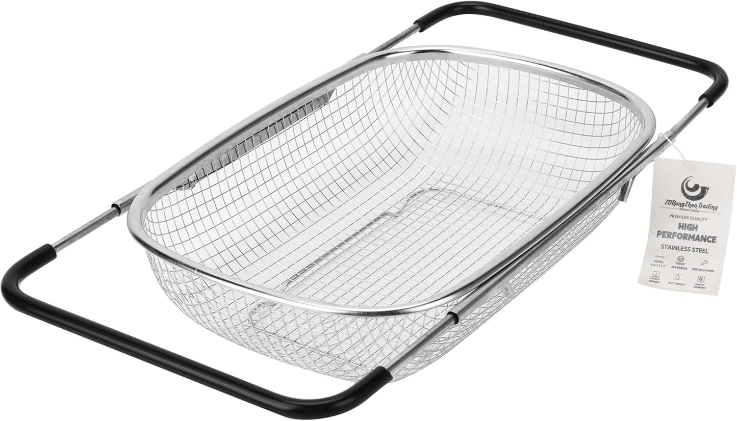 ZDRongZhen Kitchen Accessories Over the Sink Colander Strainer Basket，Stainless Steel Colander with Expandable Rubber Grip Sink Drainer-Rinse Vegetables Fruits &Strain&Drain (Medium-grid)