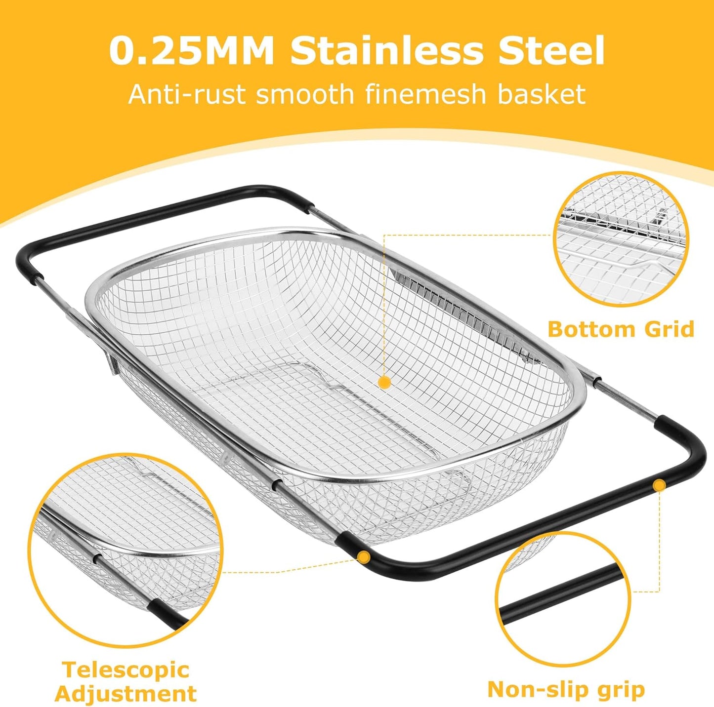 ZDRongZhen Kitchen Accessories Over the Sink Colander Strainer Basket，Stainless Steel Colander with Expandable Rubber Grip Sink Drainer-Rinse Vegetables Fruits &Strain&Drain (Medium-grid)