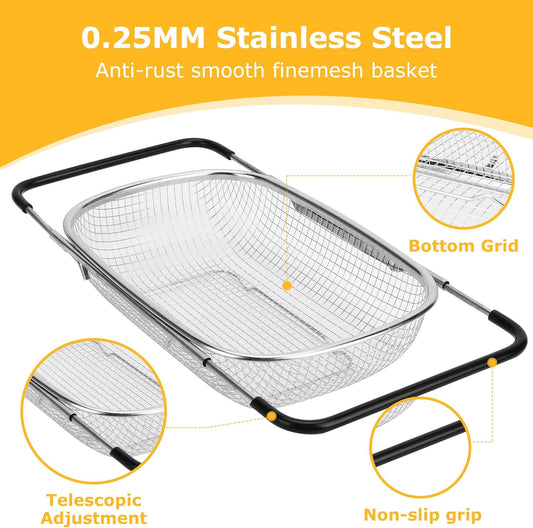 ZDRongZhen Kitchen Accessories Over the Sink Colander Strainer Basket，Stainless Steel Colander with Expandable Rubber Grip Sink Drainer-Rinse Vegetables Fruits &Strain&Drain (Medium-grid)