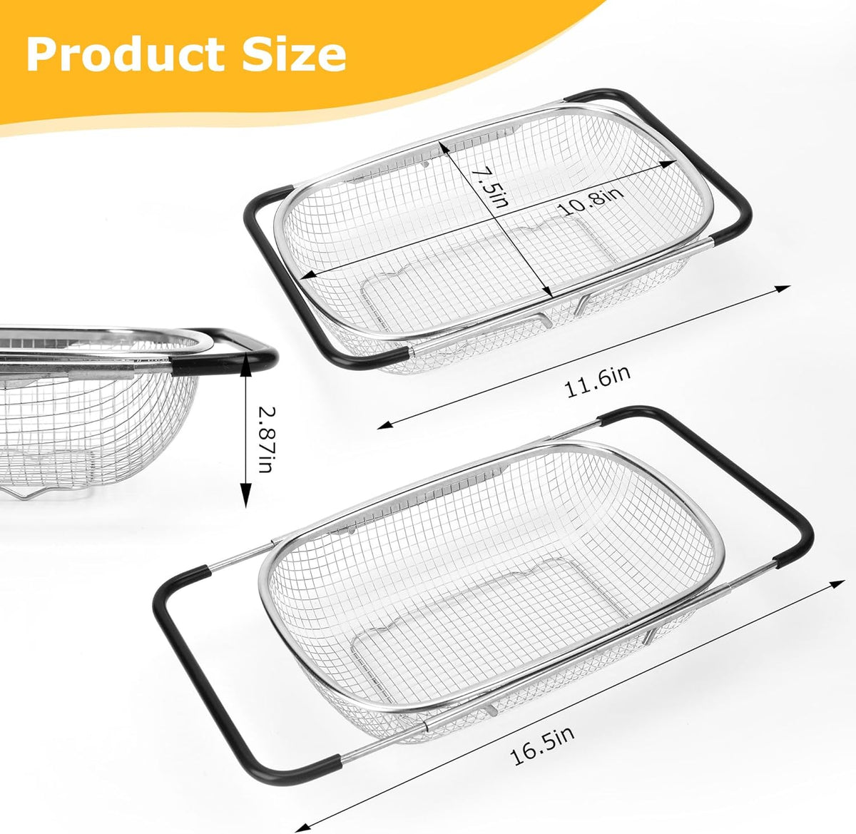 ZDRongZhen Kitchen Accessories Over the Sink Colander Strainer Basket，Stainless Steel Colander with Expandable Rubber Grip Sink Drainer-Rinse Vegetables Fruits &Strain&Drain (Medium-grid)