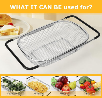 ZDRongZhen Kitchen Accessories Over the Sink Colander Strainer Basket，Stainless Steel Colander with Expandable Rubber Grip Sink Drainer-Rinse Vegetables Fruits &Strain&Drain (Medium-grid)