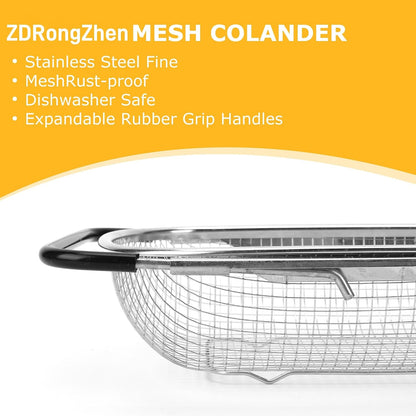 ZDRongZhen Kitchen Accessories Over the Sink Colander Strainer Basket，Stainless Steel Colander with Expandable Rubber Grip Sink Drainer-Rinse Vegetables Fruits &Strain&Drain (Medium-grid)
