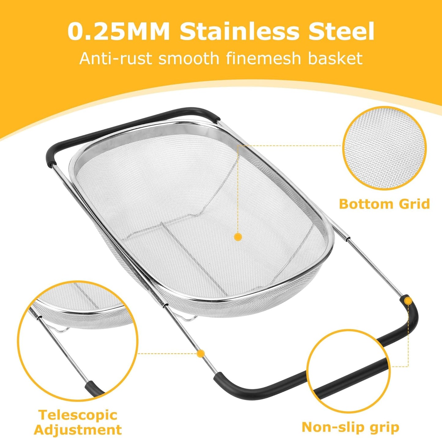 ZDRongZhen Kitchen Accessories Over the Sink Colander Strainer Basket，Stainless Steel Colander with Expandable Rubber Grip Sink Drainer-Rinse Vegetables Fruits &Strain&Drain (Medium-grid)