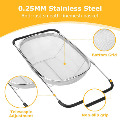 ZDRongZhen Kitchen Accessories Over the Sink Colander Strainer Basket，Stainless Steel Colander with Expandable Rubber Grip Sink Drainer-Rinse Vegetables Fruits &Strain&Drain (Medium-grid)