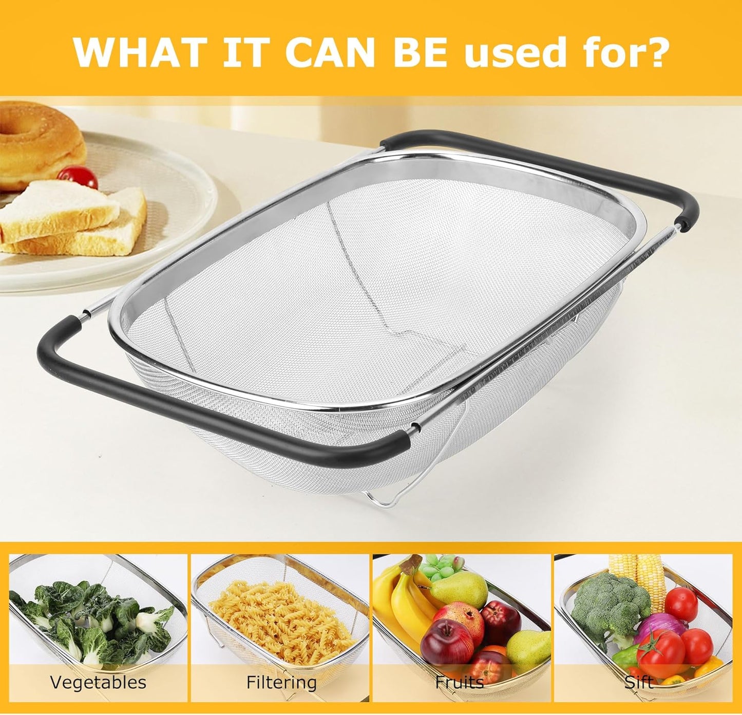 ZDRongZhen Kitchen Accessories Over the Sink Colander Strainer Basket，Stainless Steel Colander with Expandable Rubber Grip Sink Drainer-Rinse Vegetables Fruits &Strain&Drain (Medium-grid)