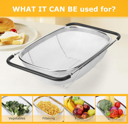 ZDRongZhen Kitchen Accessories Over the Sink Colander Strainer Basket，Stainless Steel Colander with Expandable Rubber Grip Sink Drainer-Rinse Vegetables Fruits &Strain&Drain (Medium-grid)