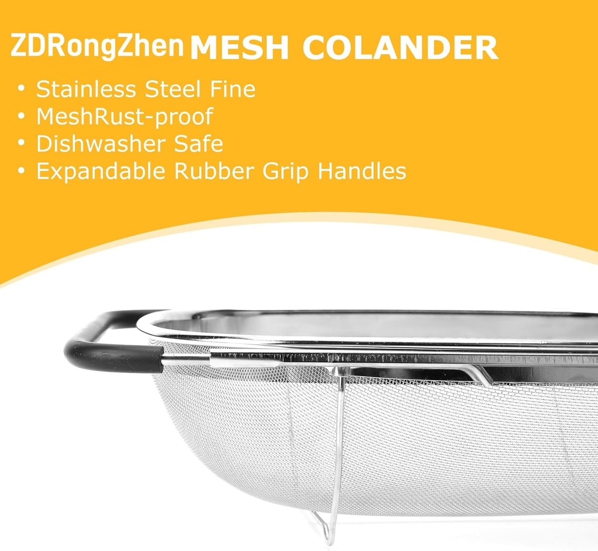 ZDRongZhen Kitchen Accessories Over the Sink Colander Strainer Basket，Stainless Steel Colander with Expandable Rubber Grip Sink Drainer-Rinse Vegetables Fruits &Strain&Drain (Medium-grid)