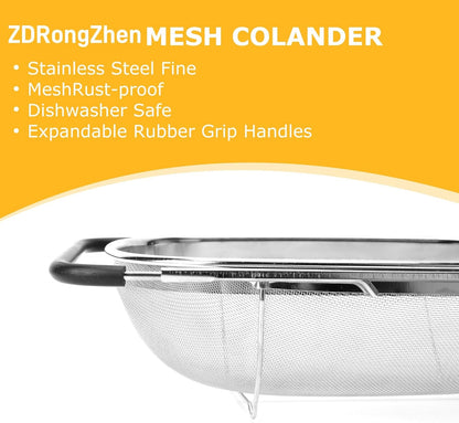 ZDRongZhen Kitchen Accessories Over the Sink Colander Strainer Basket，Stainless Steel Colander with Expandable Rubber Grip Sink Drainer-Rinse Vegetables Fruits &Strain&Drain (Medium-grid)