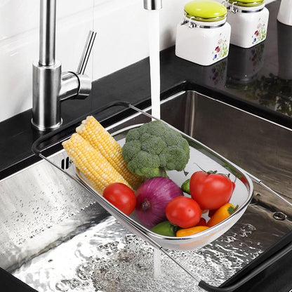 ZDRongZhen Kitchen Accessories Over the Sink Colander Strainer Basket，Stainless Steel Colander with Expandable Rubber Grip Sink Drainer-Rinse Vegetables Fruits &Strain&Drain (Medium-grid)