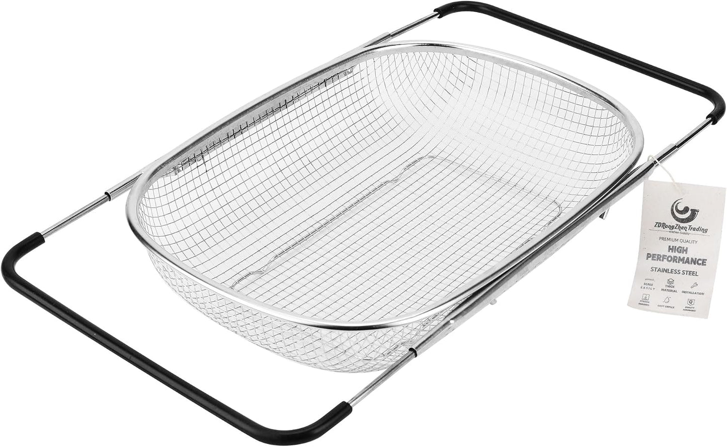 ZDRongZhen Kitchen Accessories Over the Sink Colander Strainer Basket，Stainless Steel Colander with Expandable Rubber Grip Sink Drainer-Rinse Vegetables Fruits &Strain&Drain (Medium-grid)