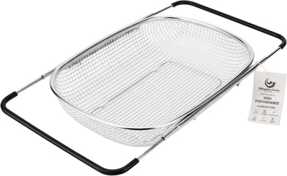ZDRongZhen Kitchen Accessories Over the Sink Colander Strainer Basket，Stainless Steel Colander with Expandable Rubber Grip Sink Drainer-Rinse Vegetables Fruits &Strain&Drain (Medium-grid)