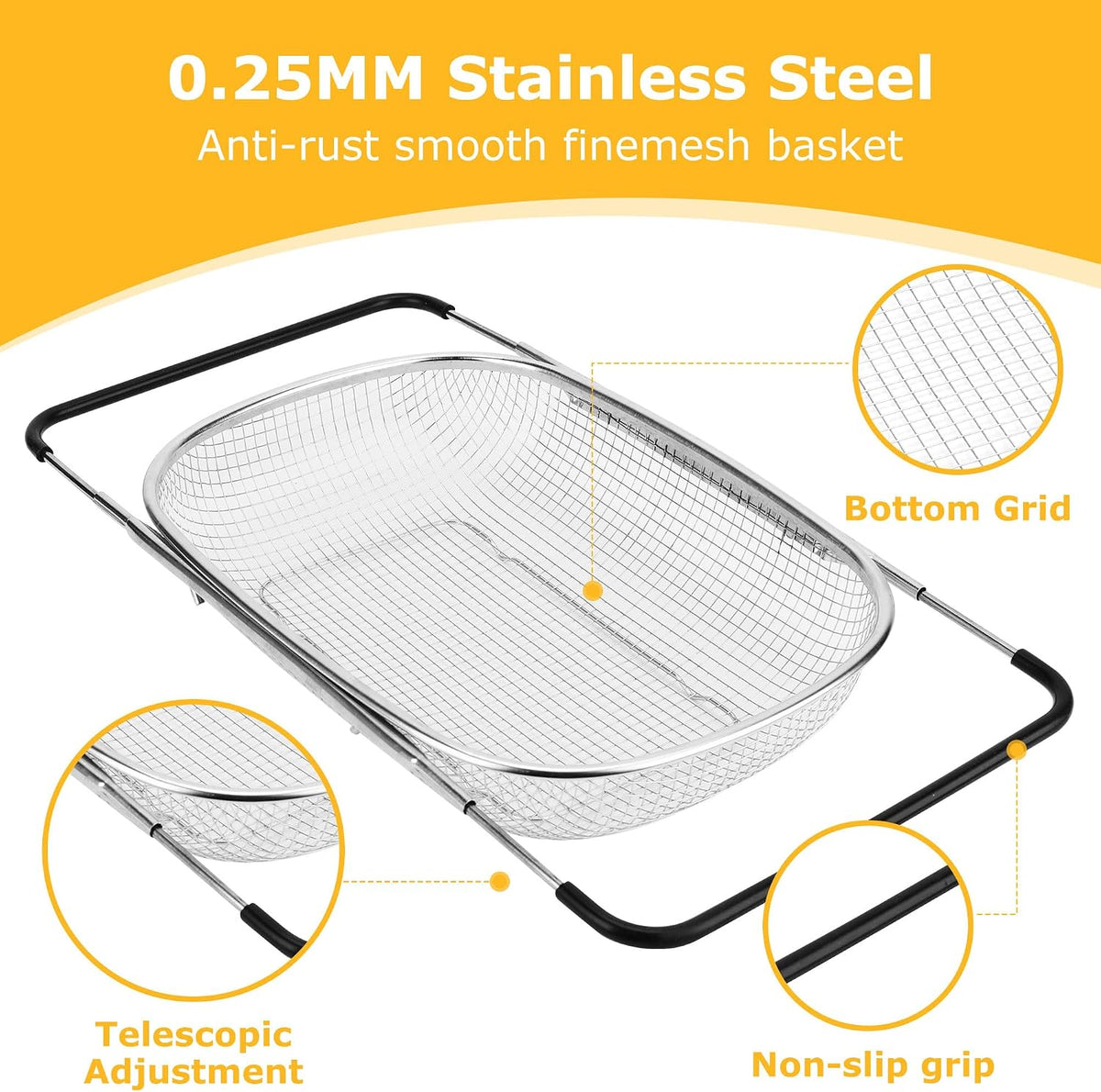 ZDRongZhen Kitchen Accessories Over the Sink Colander Strainer Basket，Stainless Steel Colander with Expandable Rubber Grip Sink Drainer-Rinse Vegetables Fruits &Strain&Drain (Medium-grid)