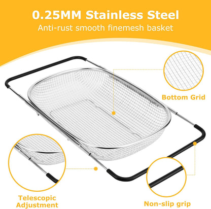 ZDRongZhen Kitchen Accessories Over the Sink Colander Strainer Basket，Stainless Steel Colander with Expandable Rubber Grip Sink Drainer-Rinse Vegetables Fruits &Strain&Drain (Medium-grid)