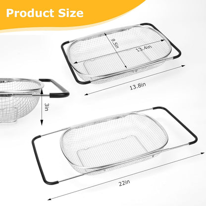 ZDRongZhen Kitchen Accessories Over the Sink Colander Strainer Basket，Stainless Steel Colander with Expandable Rubber Grip Sink Drainer-Rinse Vegetables Fruits &Strain&Drain (Medium-grid)