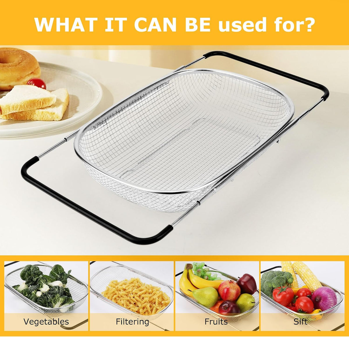 ZDRongZhen Kitchen Accessories Over the Sink Colander Strainer Basket，Stainless Steel Colander with Expandable Rubber Grip Sink Drainer-Rinse Vegetables Fruits &Strain&Drain (Medium-grid)