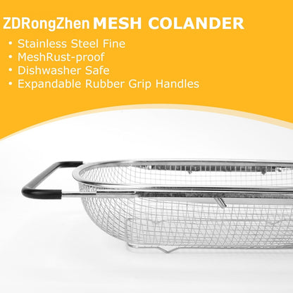 ZDRongZhen Kitchen Accessories Over the Sink Colander Strainer Basket，Stainless Steel Colander with Expandable Rubber Grip Sink Drainer-Rinse Vegetables Fruits &Strain&Drain (Medium-grid)