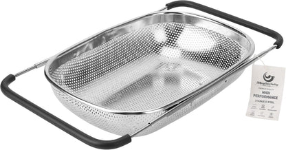 ZDRongZhen Kitchen Accessories Over the Sink Colander Strainer Basket，Stainless Steel Colander with Expandable Rubber Grip Sink Drainer-Rinse Vegetables Fruits &Strain&Drain (Medium-grid)