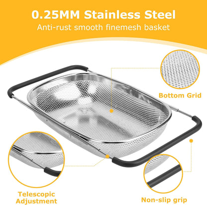 ZDRongZhen Kitchen Accessories Over the Sink Colander Strainer Basket，Stainless Steel Colander with Expandable Rubber Grip Sink Drainer-Rinse Vegetables Fruits &Strain&Drain (Medium-grid)