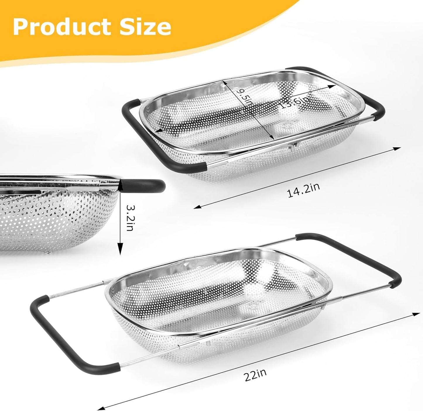 ZDRongZhen Kitchen Accessories Over the Sink Colander Strainer Basket，Stainless Steel Colander with Expandable Rubber Grip Sink Drainer-Rinse Vegetables Fruits &Strain&Drain (Medium-grid)