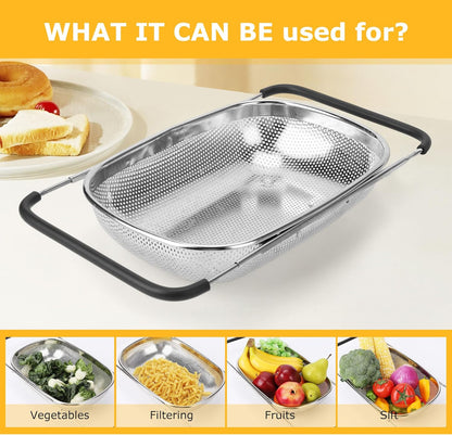 ZDRongZhen Kitchen Accessories Over the Sink Colander Strainer Basket，Stainless Steel Colander with Expandable Rubber Grip Sink Drainer-Rinse Vegetables Fruits &Strain&Drain (Medium-grid)