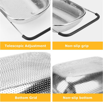 ZDRongZhen Kitchen Accessories Over the Sink Colander Strainer Basket，Stainless Steel Colander with Expandable Rubber Grip Sink Drainer-Rinse Vegetables Fruits &Strain&Drain (Medium-grid)