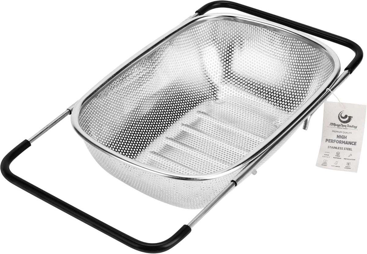 ZDRongZhen Kitchen Accessories Over the Sink Colander Strainer Basket，Stainless Steel Colander with Expandable Rubber Grip Sink Drainer-Rinse Vegetables Fruits &Strain&Drain (Medium-grid)