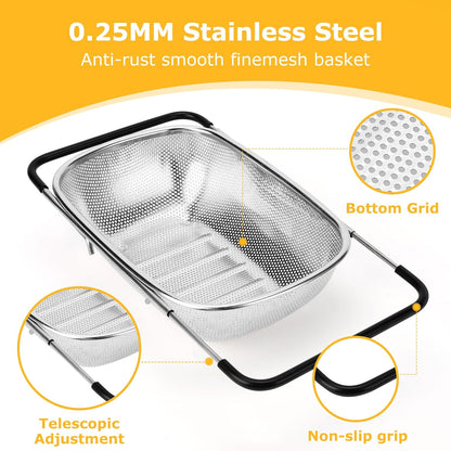 ZDRongZhen Kitchen Accessories Over the Sink Colander Strainer Basket，Stainless Steel Colander with Expandable Rubber Grip Sink Drainer-Rinse Vegetables Fruits &Strain&Drain (Medium-grid)