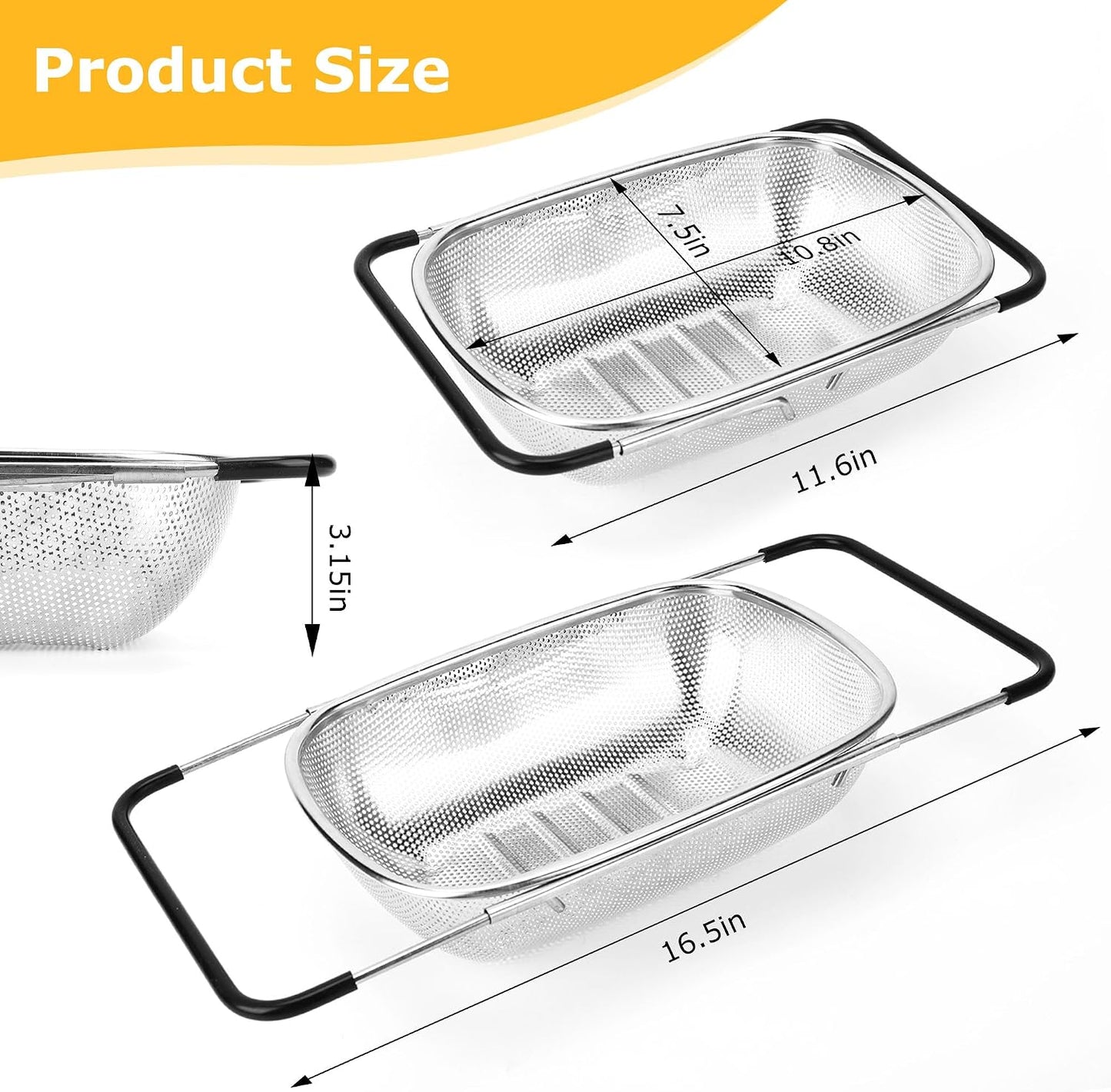 ZDRongZhen Kitchen Accessories Over the Sink Colander Strainer Basket，Stainless Steel Colander with Expandable Rubber Grip Sink Drainer-Rinse Vegetables Fruits &Strain&Drain (Medium-grid)