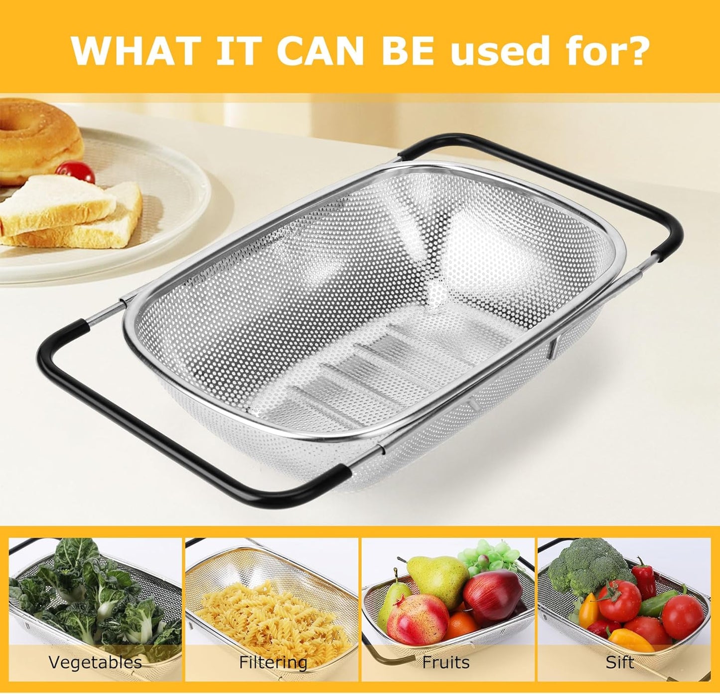 ZDRongZhen Kitchen Accessories Over the Sink Colander Strainer Basket，Stainless Steel Colander with Expandable Rubber Grip Sink Drainer-Rinse Vegetables Fruits &Strain&Drain (Medium-grid)