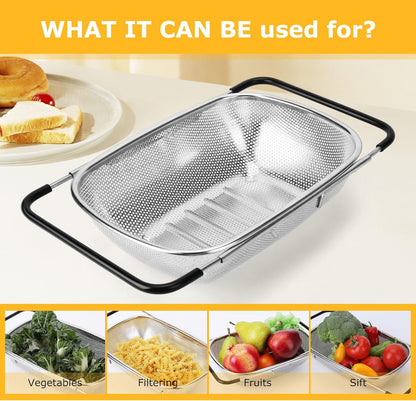 ZDRongZhen Kitchen Accessories Over the Sink Colander Strainer Basket，Stainless Steel Colander with Expandable Rubber Grip Sink Drainer-Rinse Vegetables Fruits &Strain&Drain (Medium-grid)
