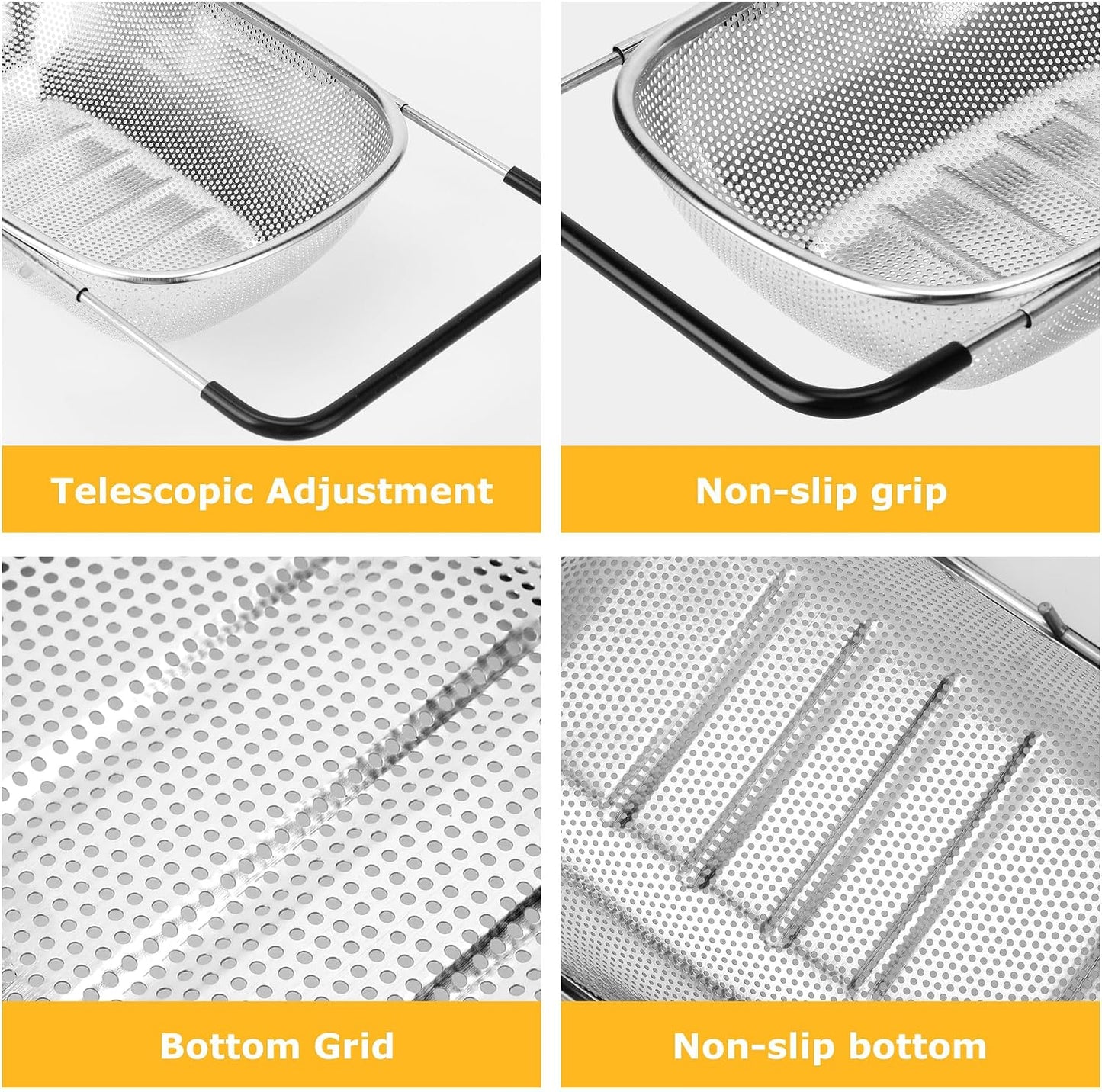 ZDRongZhen Kitchen Accessories Over the Sink Colander Strainer Basket，Stainless Steel Colander with Expandable Rubber Grip Sink Drainer-Rinse Vegetables Fruits &Strain&Drain (Medium-grid)