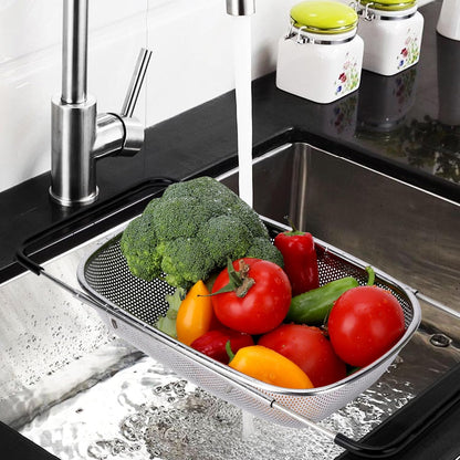 ZDRongZhen Kitchen Accessories Over the Sink Colander Strainer Basket，Stainless Steel Colander with Expandable Rubber Grip Sink Drainer-Rinse Vegetables Fruits &Strain&Drain (Medium-grid)