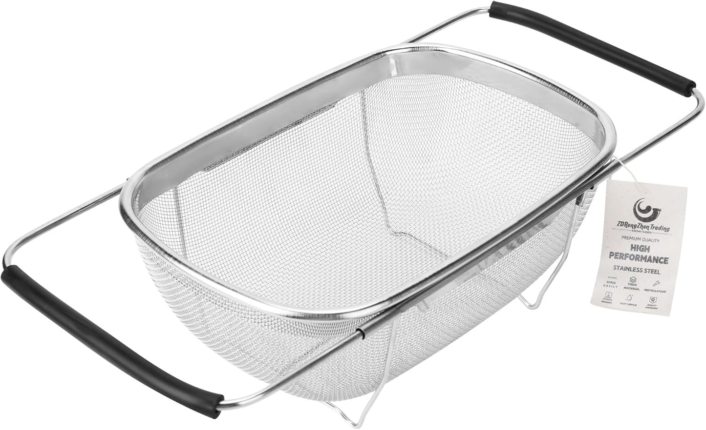 ZDRongZhen Kitchen Accessories Over the Sink Colander Strainer Basket，Stainless Steel Colander with Expandable Rubber Grip Sink Drainer-Rinse Vegetables Fruits &Strain&Drain (Medium-grid)