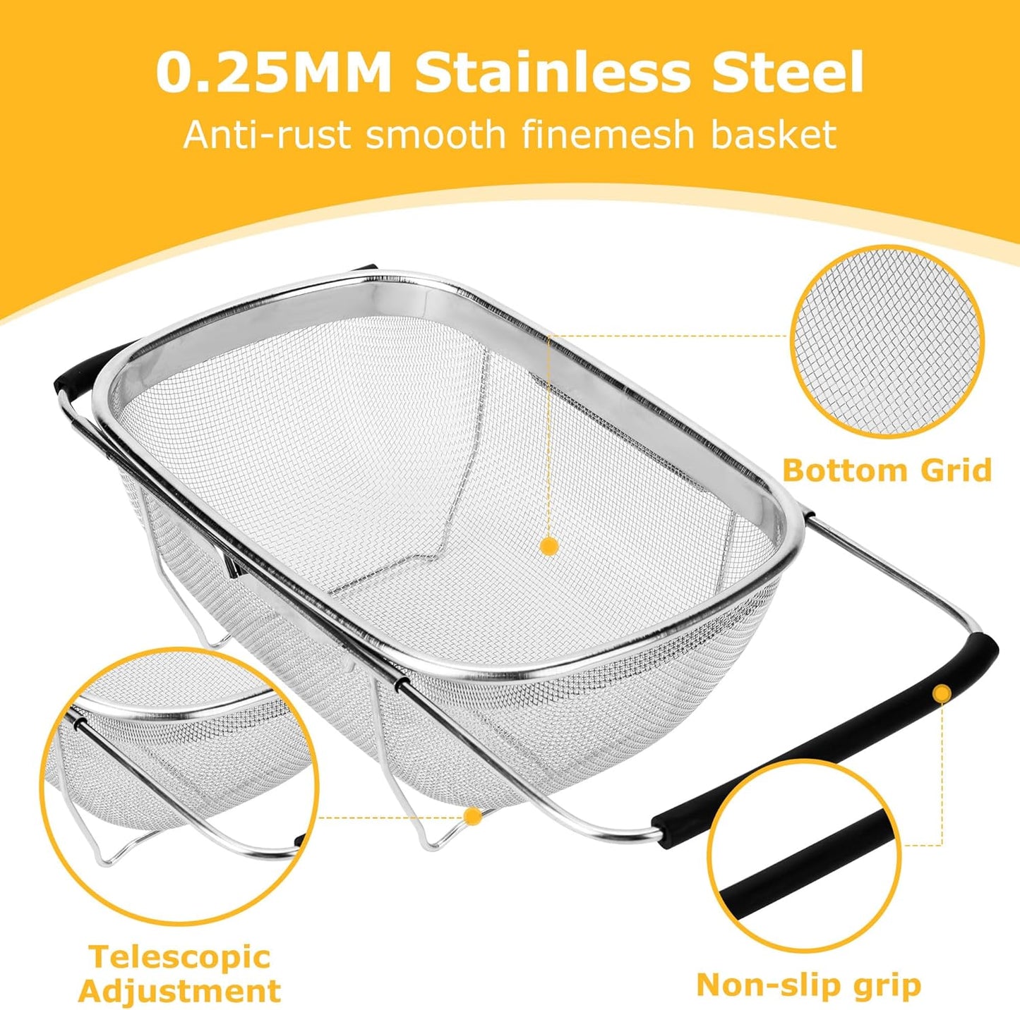 ZDRongZhen Kitchen Accessories Over the Sink Colander Strainer Basket，Stainless Steel Colander with Expandable Rubber Grip Sink Drainer-Rinse Vegetables Fruits &Strain&Drain (Medium-grid)