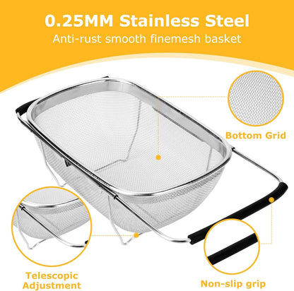 ZDRongZhen Kitchen Accessories Over the Sink Colander Strainer Basket，Stainless Steel Colander with Expandable Rubber Grip Sink Drainer-Rinse Vegetables Fruits &Strain&Drain (Medium-grid)