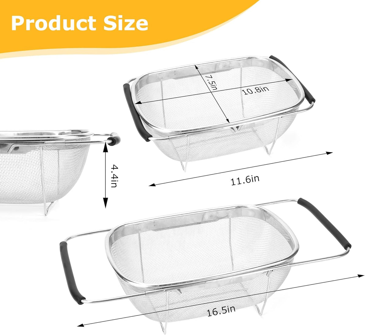 ZDRongZhen Kitchen Accessories Over the Sink Colander Strainer Basket，Stainless Steel Colander with Expandable Rubber Grip Sink Drainer-Rinse Vegetables Fruits &Strain&Drain (Medium-grid)