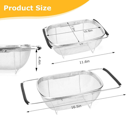 ZDRongZhen Kitchen Accessories Over the Sink Colander Strainer Basket，Stainless Steel Colander with Expandable Rubber Grip Sink Drainer-Rinse Vegetables Fruits &Strain&Drain (Medium-grid)