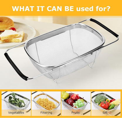 ZDRongZhen Kitchen Accessories Over the Sink Colander Strainer Basket，Stainless Steel Colander with Expandable Rubber Grip Sink Drainer-Rinse Vegetables Fruits &Strain&Drain (Medium-grid)