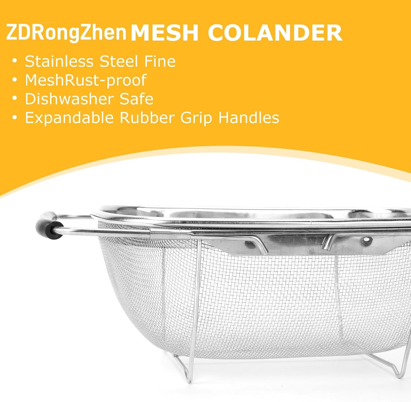 ZDRongZhen Kitchen Accessories Over the Sink Colander Strainer Basket，Stainless Steel Colander with Expandable Rubber Grip Sink Drainer-Rinse Vegetables Fruits &Strain&Drain (Medium-grid)